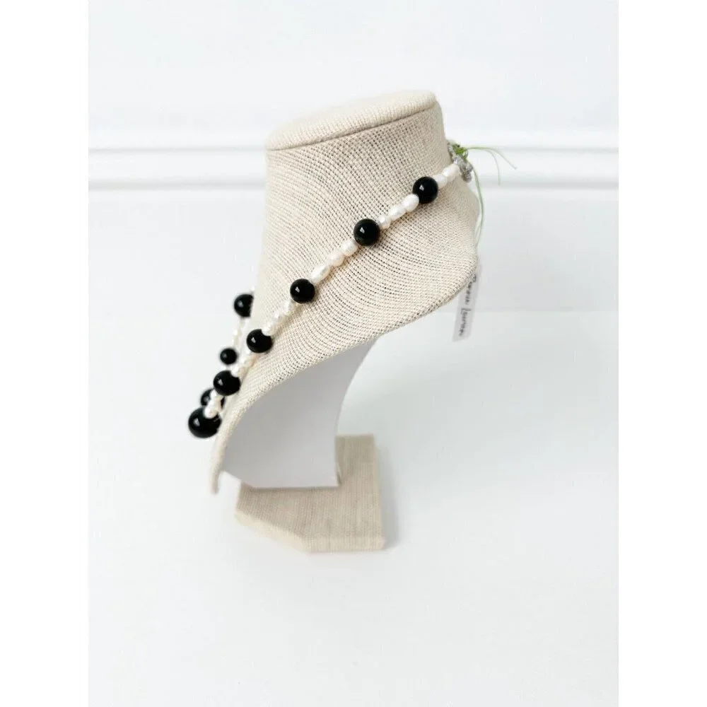 NWT Genuine Black Onyx & Pearls Necklace Black White